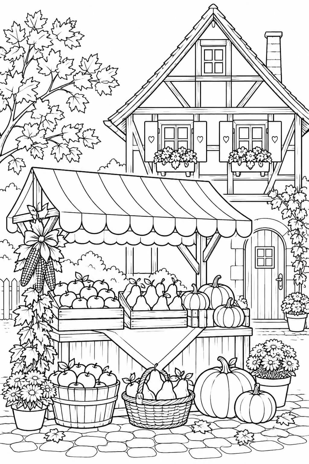 Feira de outono com casa enxaimel para colorir