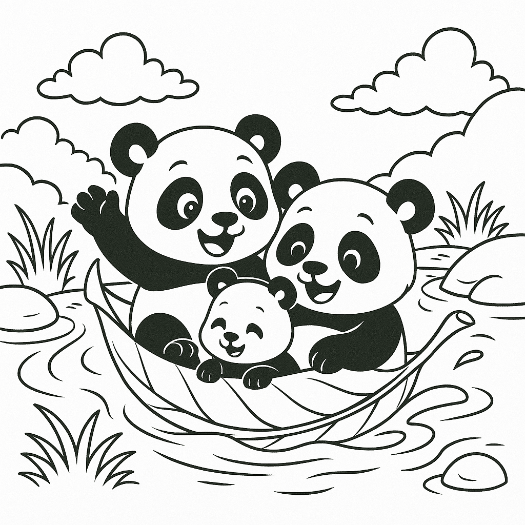 Pandas brincando na água para colorir