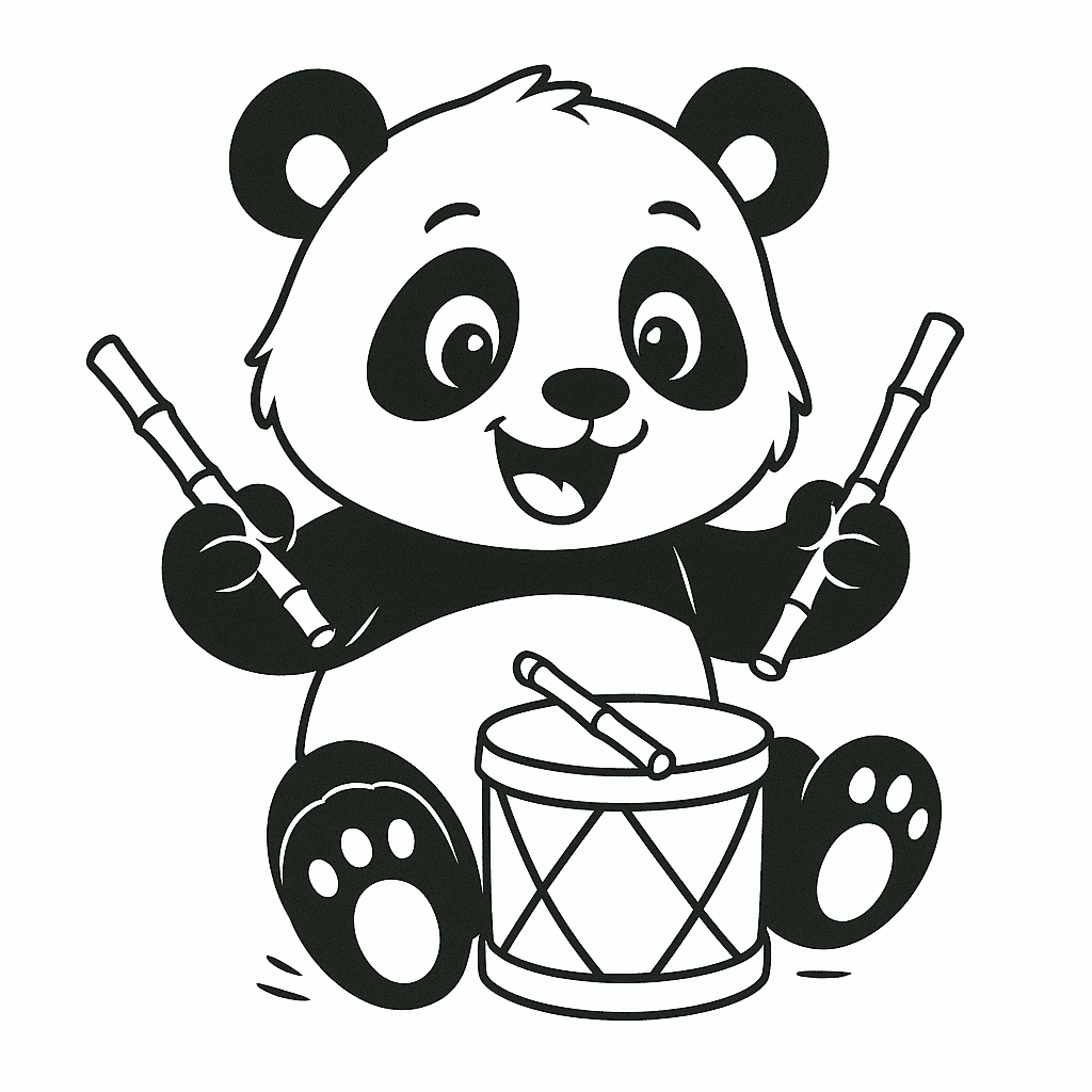 Panda tocando bateria com bambu para colorir
