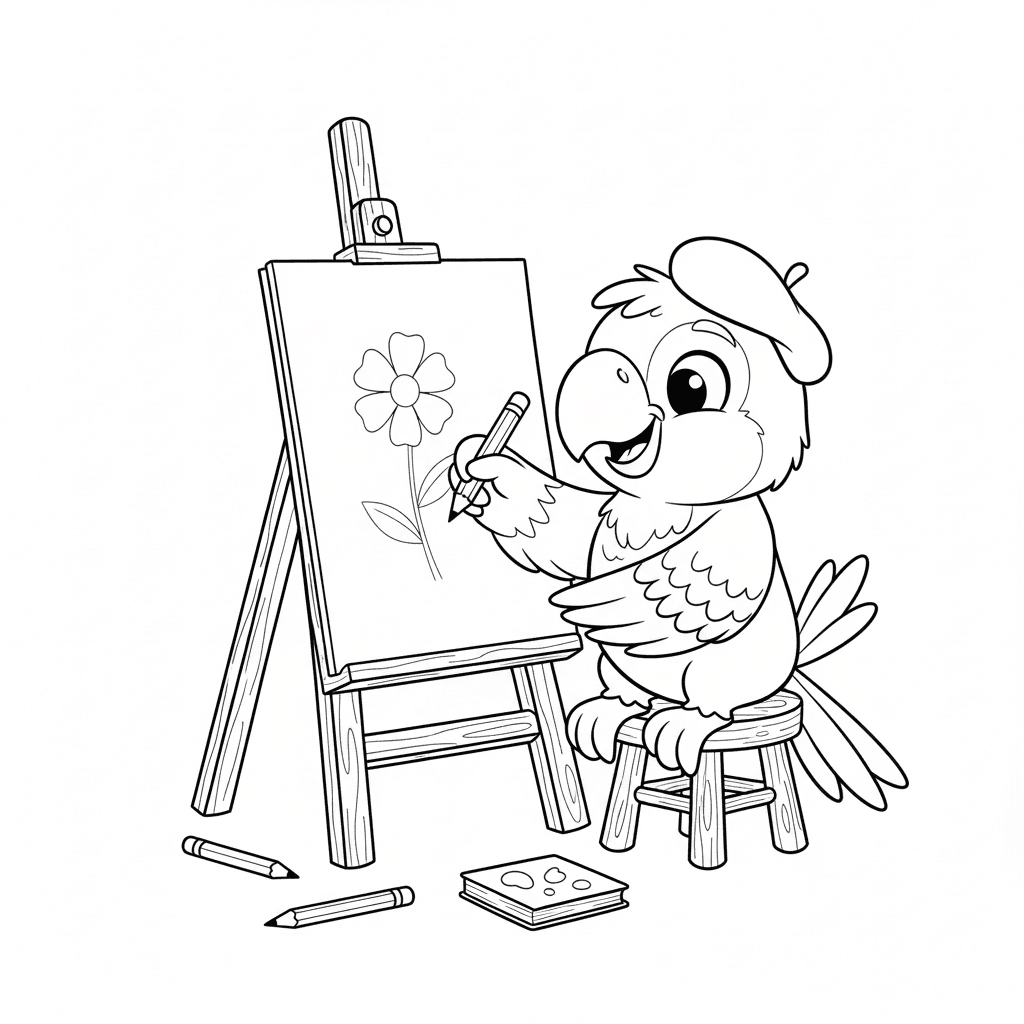 Papagaio artista com lápis para colorir