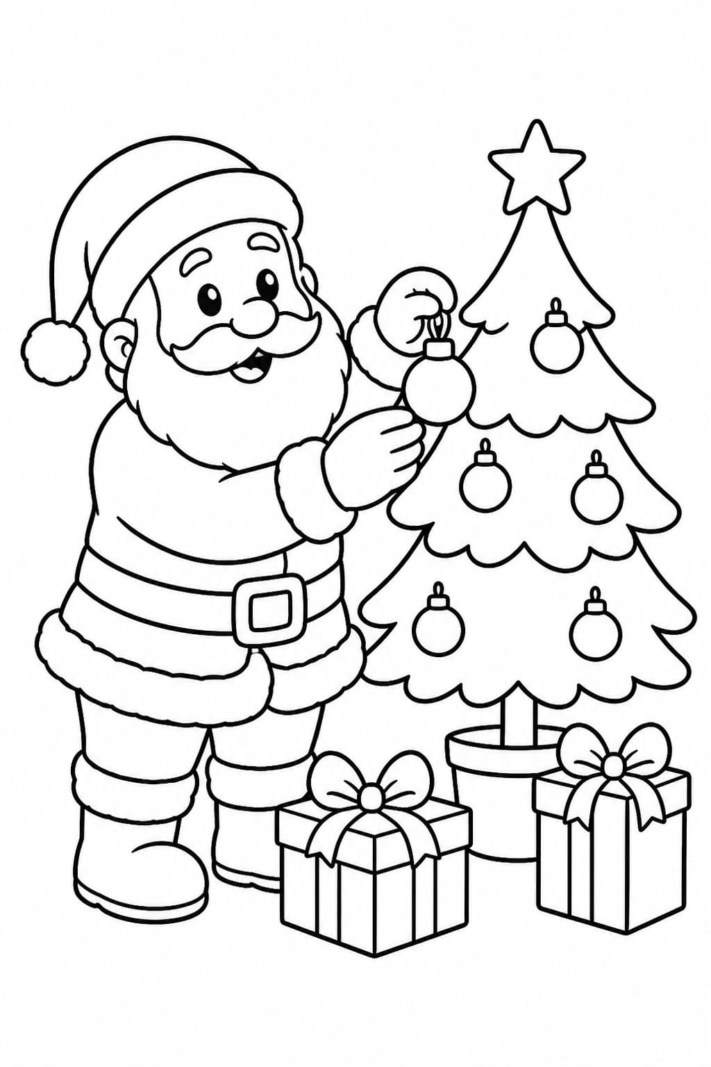 Papai Noel decorando árvore de Natal para colorir