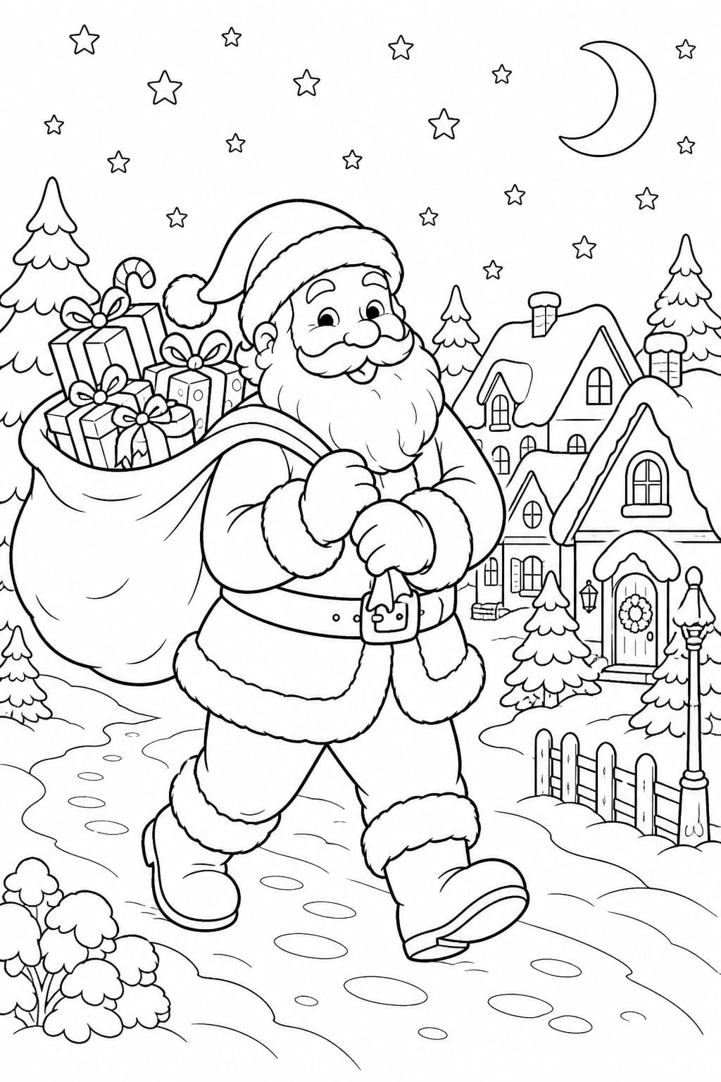 Papai Noel em vila coberta de neve para colorir