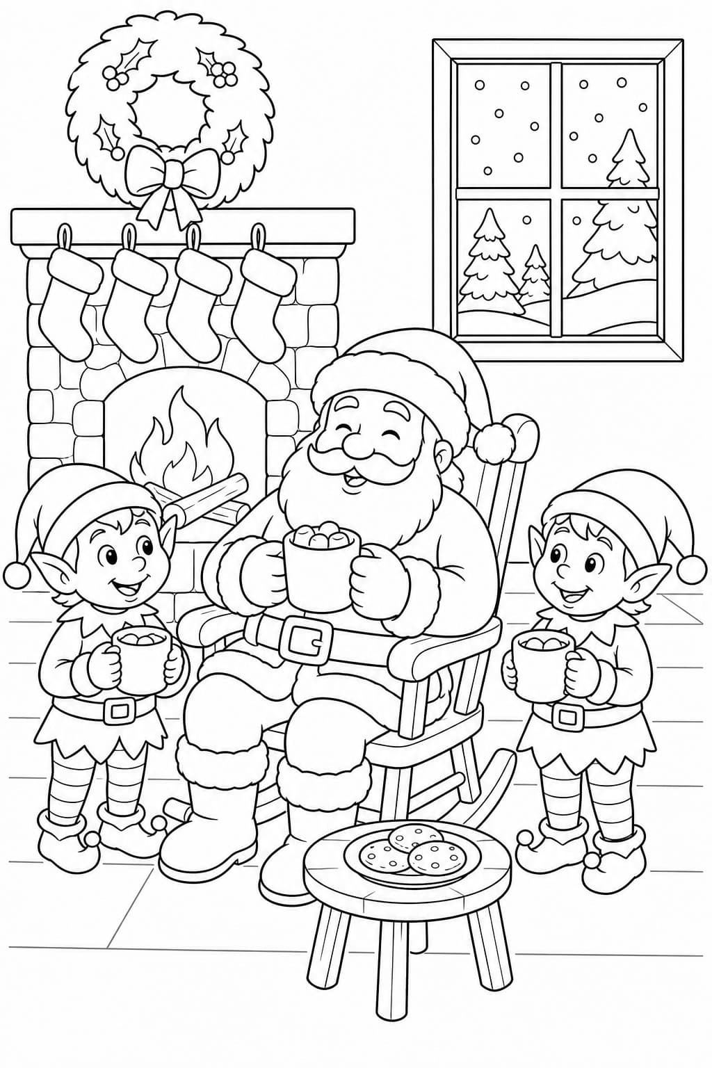 Papai Noel tomando cacau quente com duendes para colorir