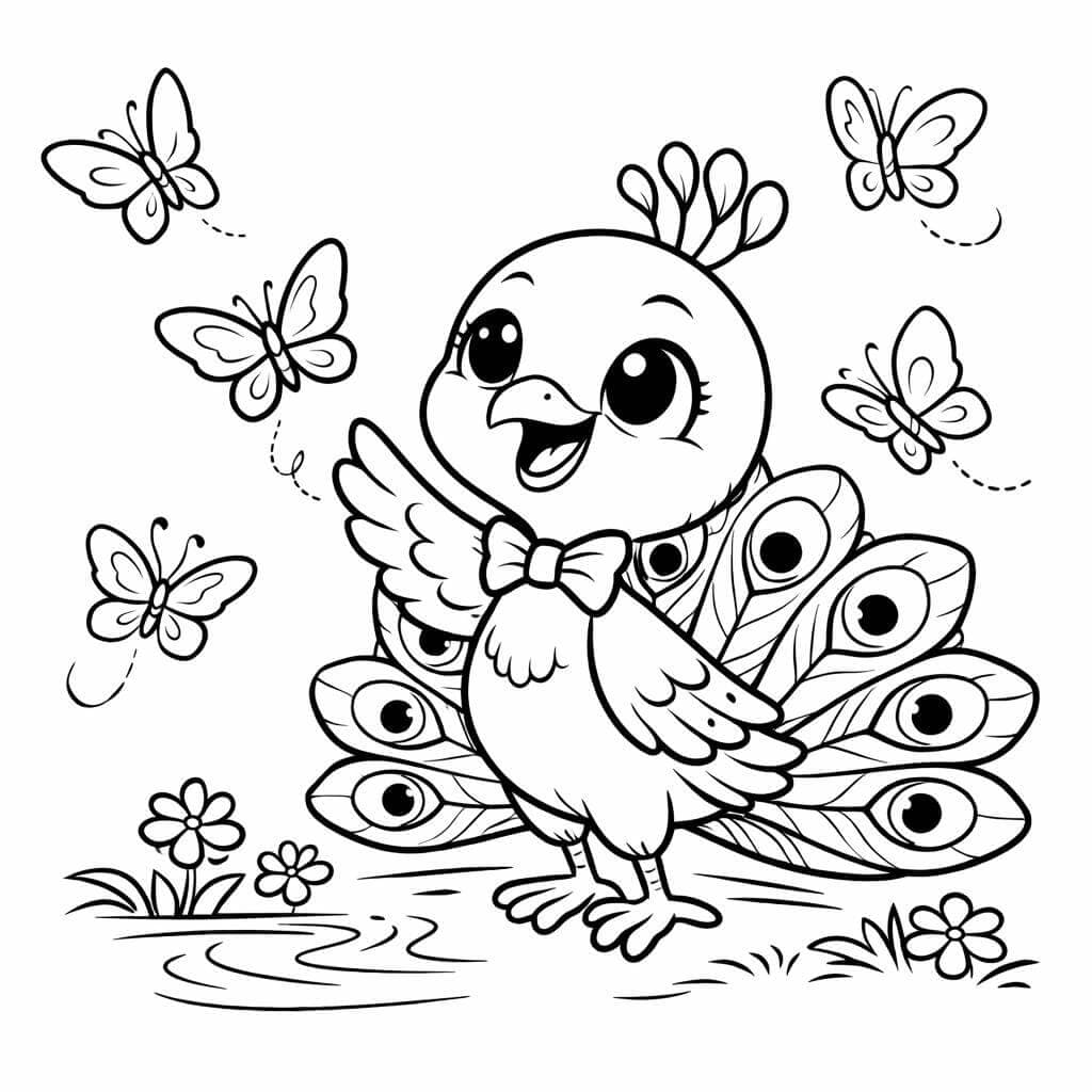 Pavão brincando com borboletas para colorir