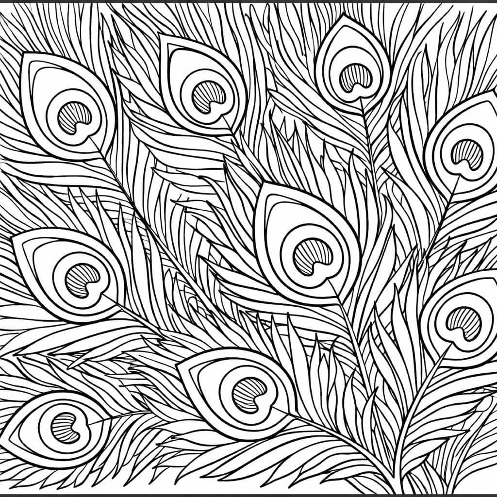 Pavão com detalhes das penas para colorir