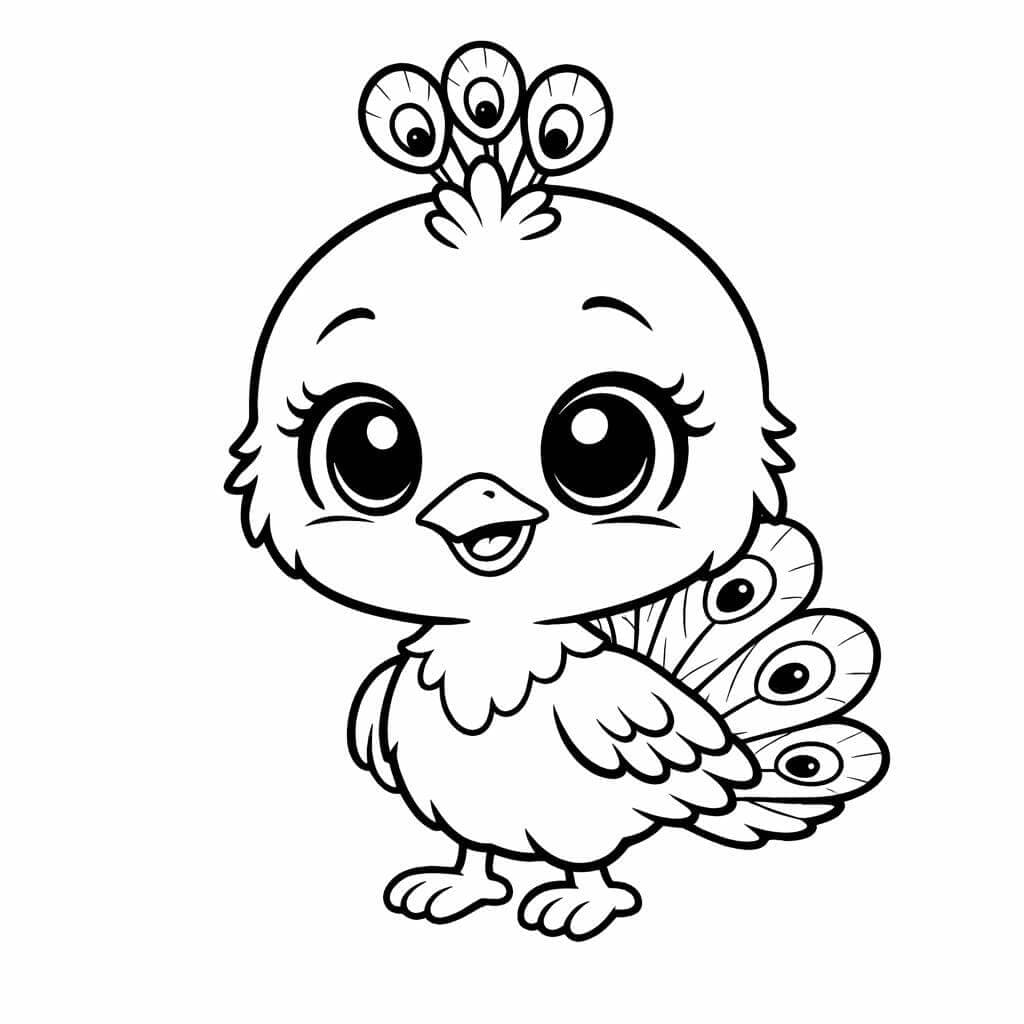 Pavão filhote com olhos grandes para colorir