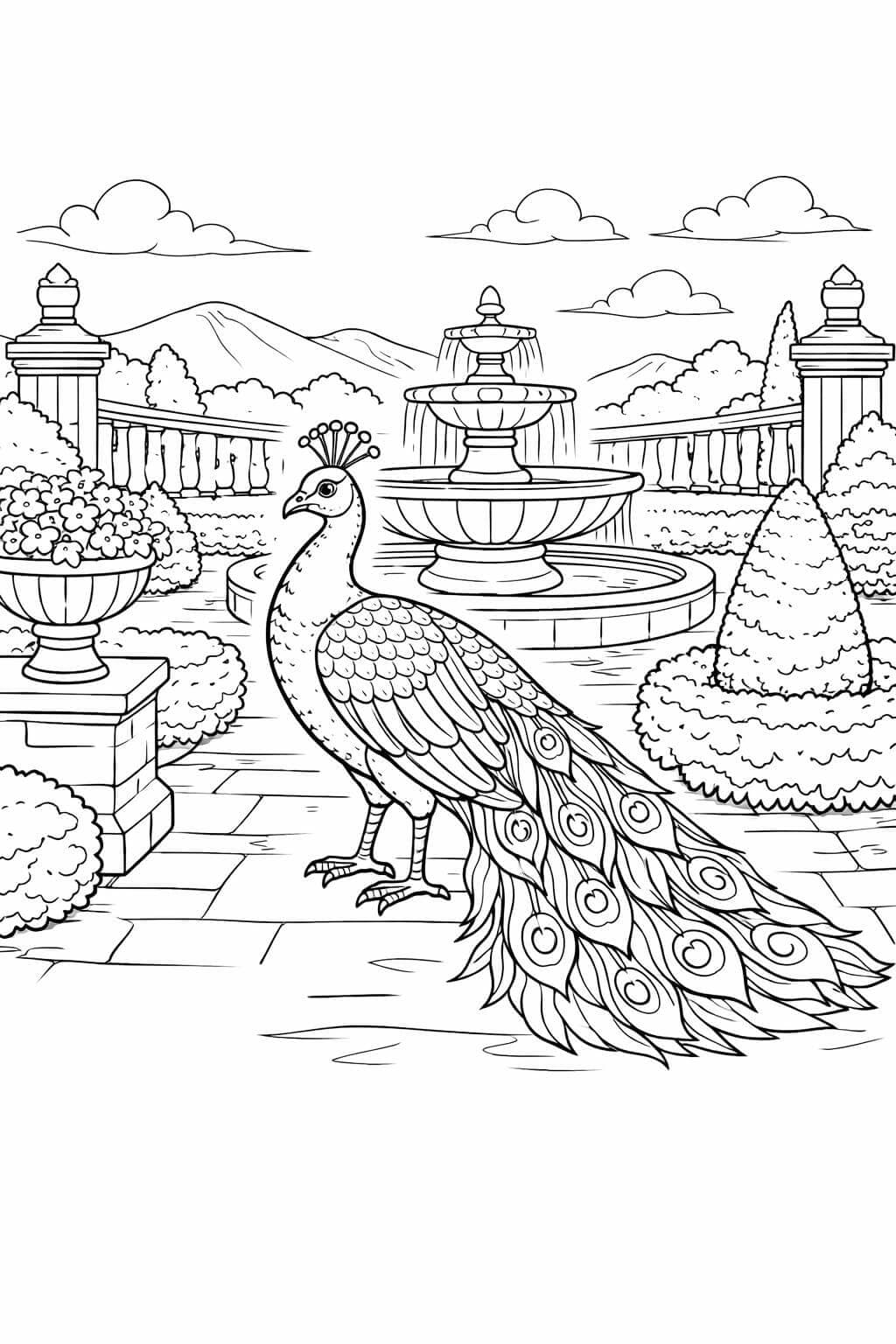 Pavão em jardim clássico para colorir