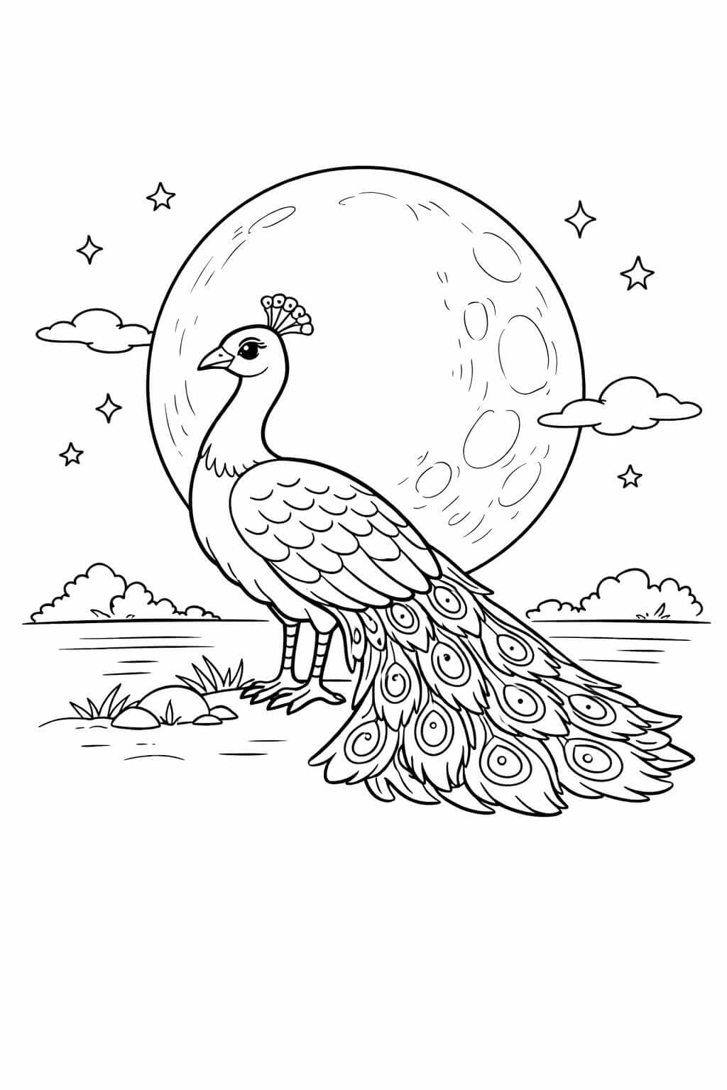 Pavão com lua cheia para colorir