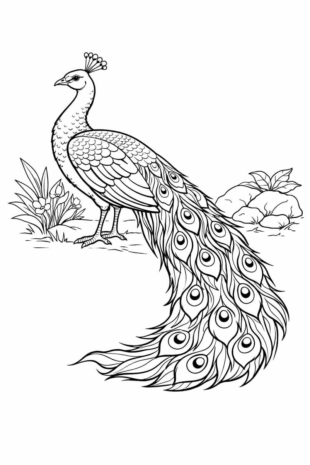 Pavão de perfil com penas longas para colorir