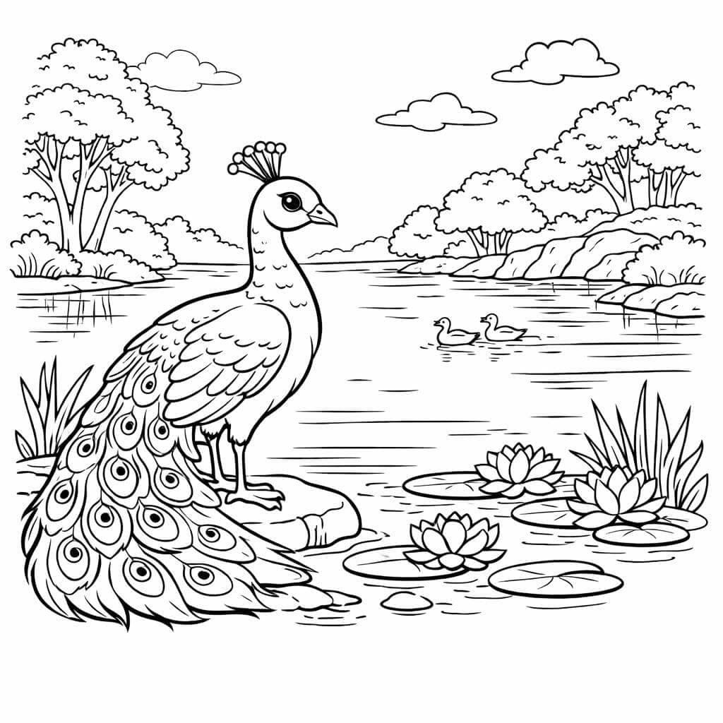 Pavão perto do lago para colorir