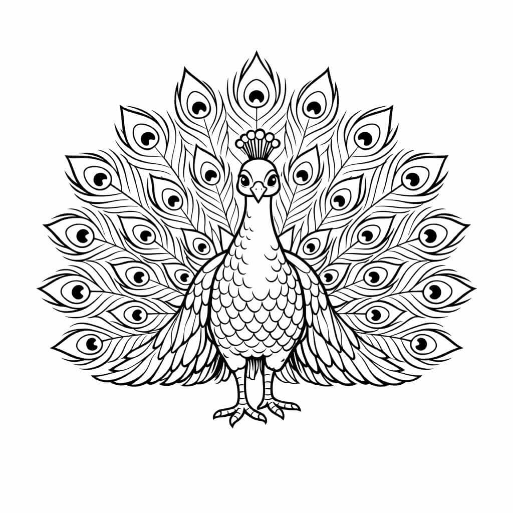 Pavão em posição frontal para colorir