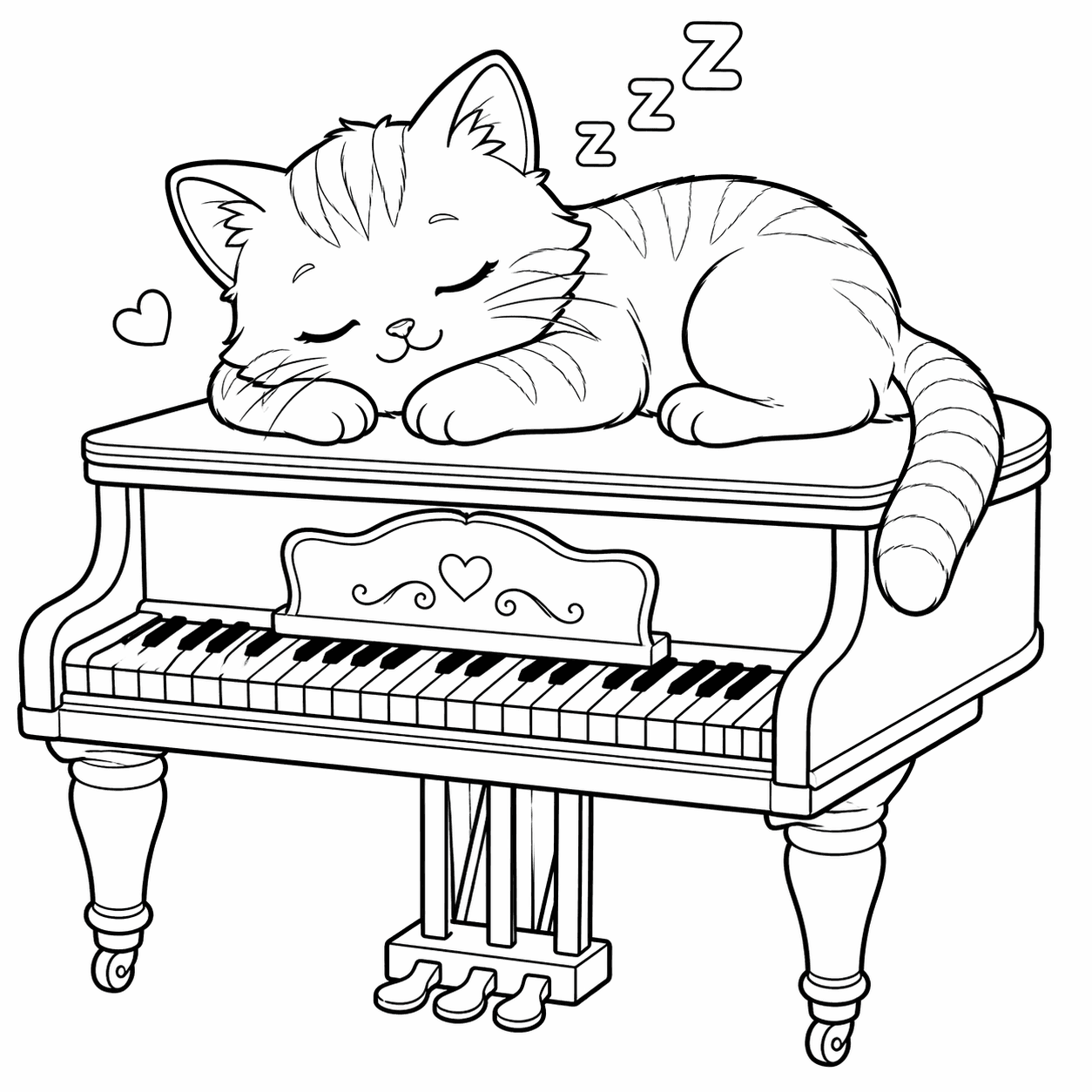 Gato dormindo no piano para colorir