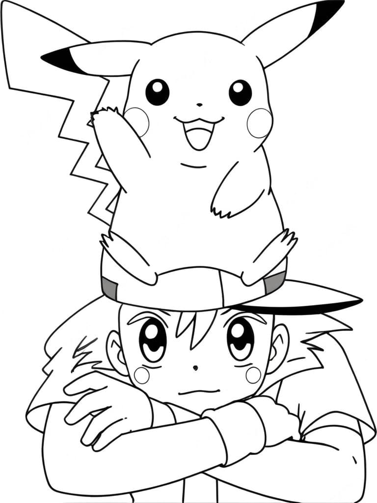 Pikachu sentado na cabeça de Ash para colorir