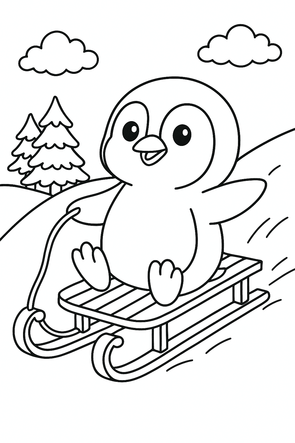 Pinguim andando de trenó para colorir