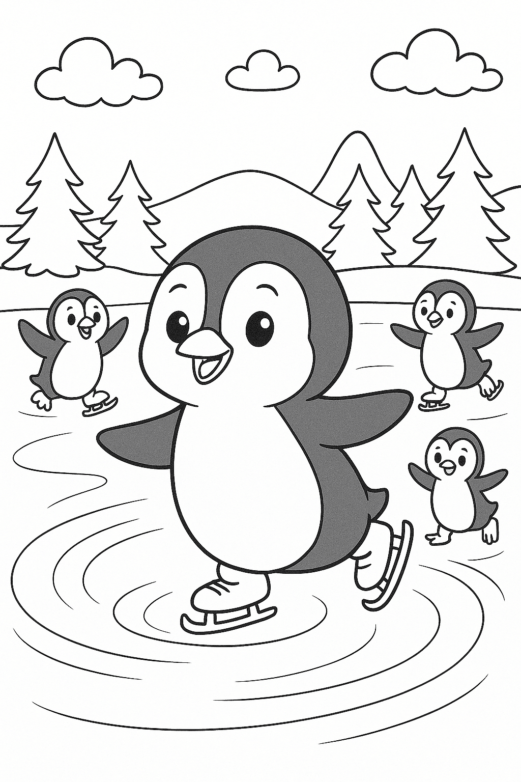 Pinguins patinando para colorir