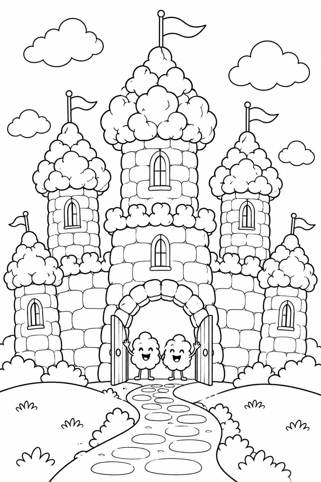 Castelo fantástico feito de pipoca para colorir