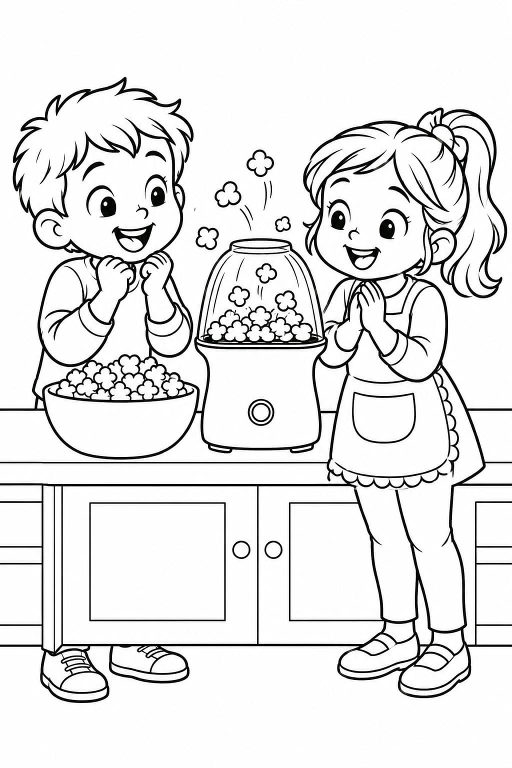 Crianças preparando pipoca na cozinha para colorir
