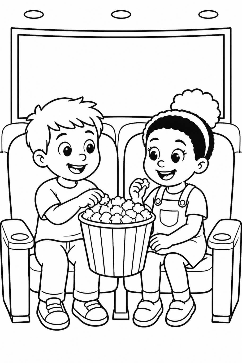 Crianças comendo pipoca no cinema para colorir