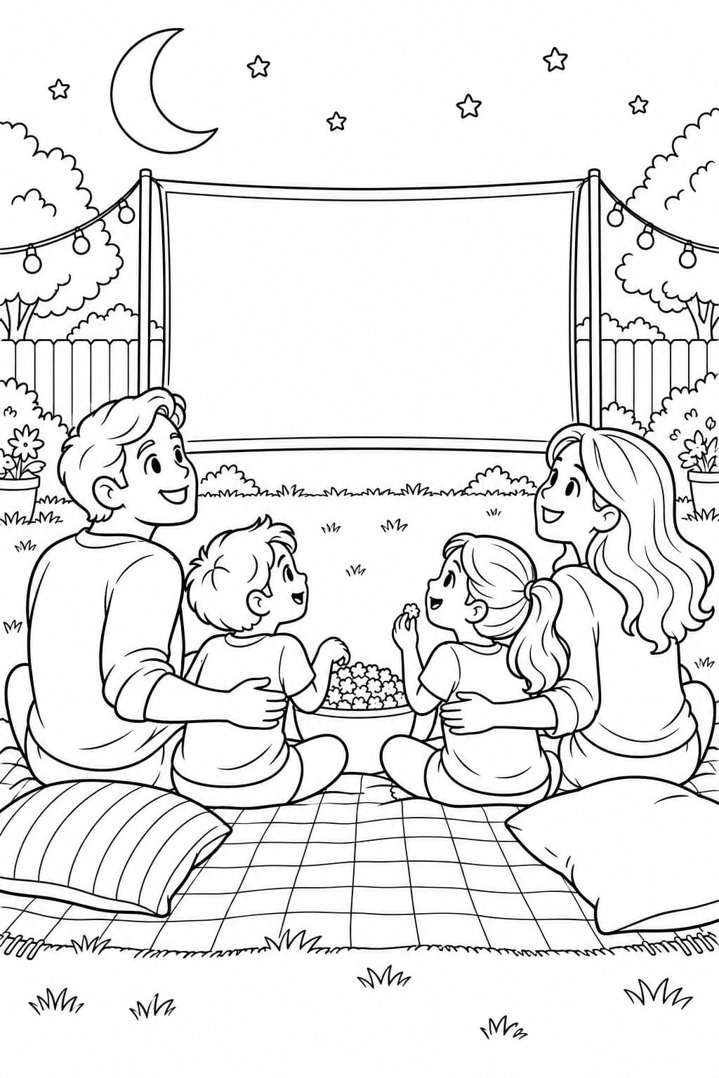 Família com pipoca no cinema ao ar livre para colorir