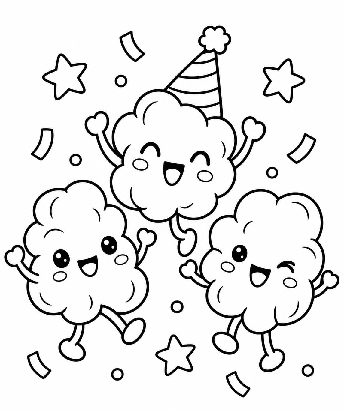Pipocas fofas em uma festa para colorir