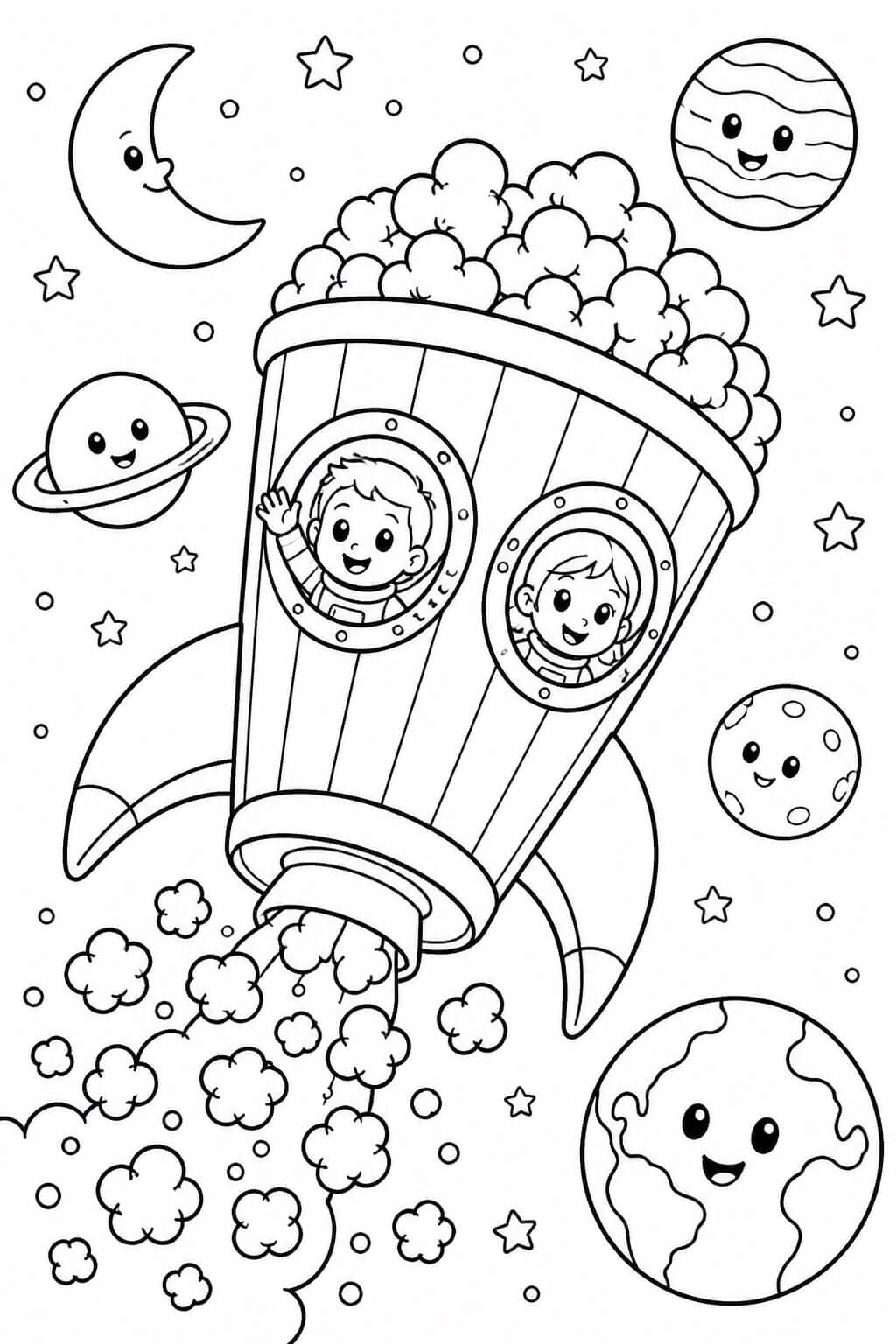Foguete de pipoca viajando pelo espaço para colorir