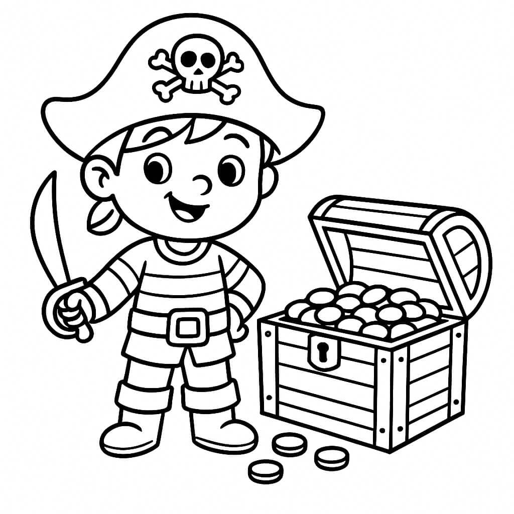 Pirata com baú para colorir