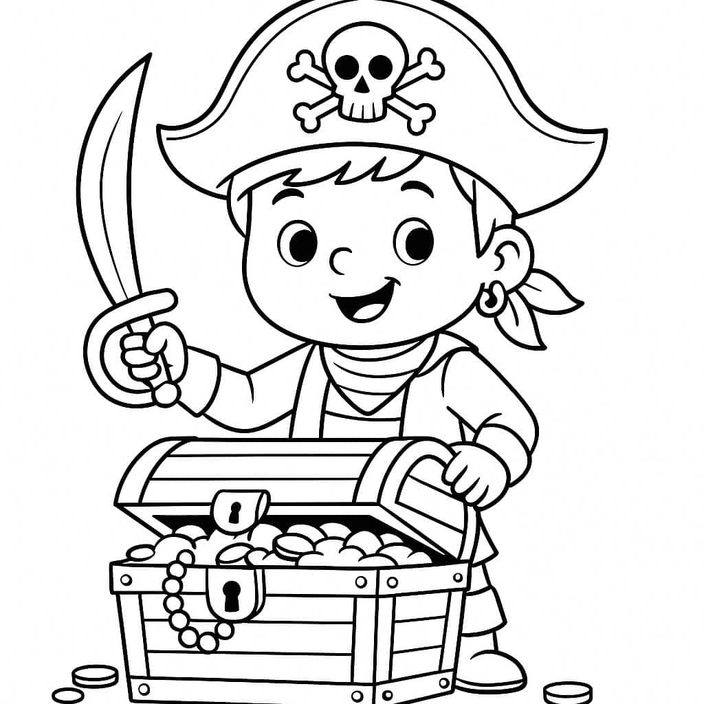 Pirata garoto com baú para colorir