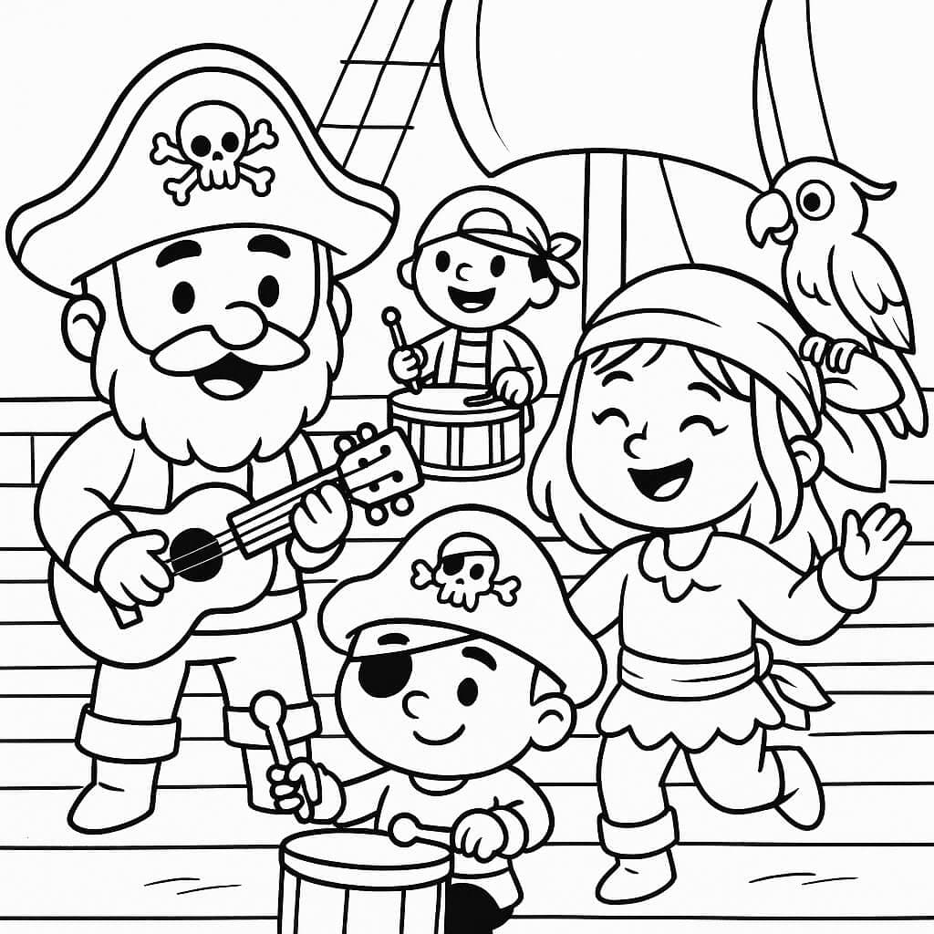 Tripulação pirata com instrumentos para colorir