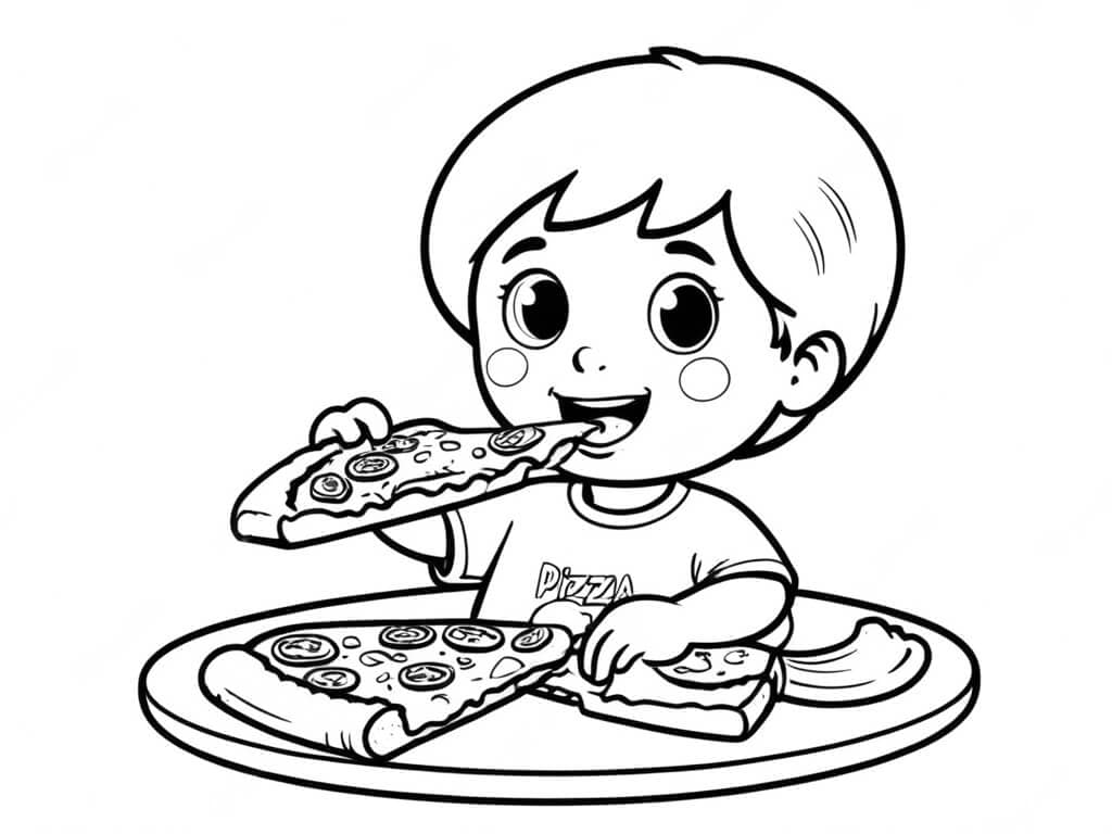 Criança comendo pizza para colorir