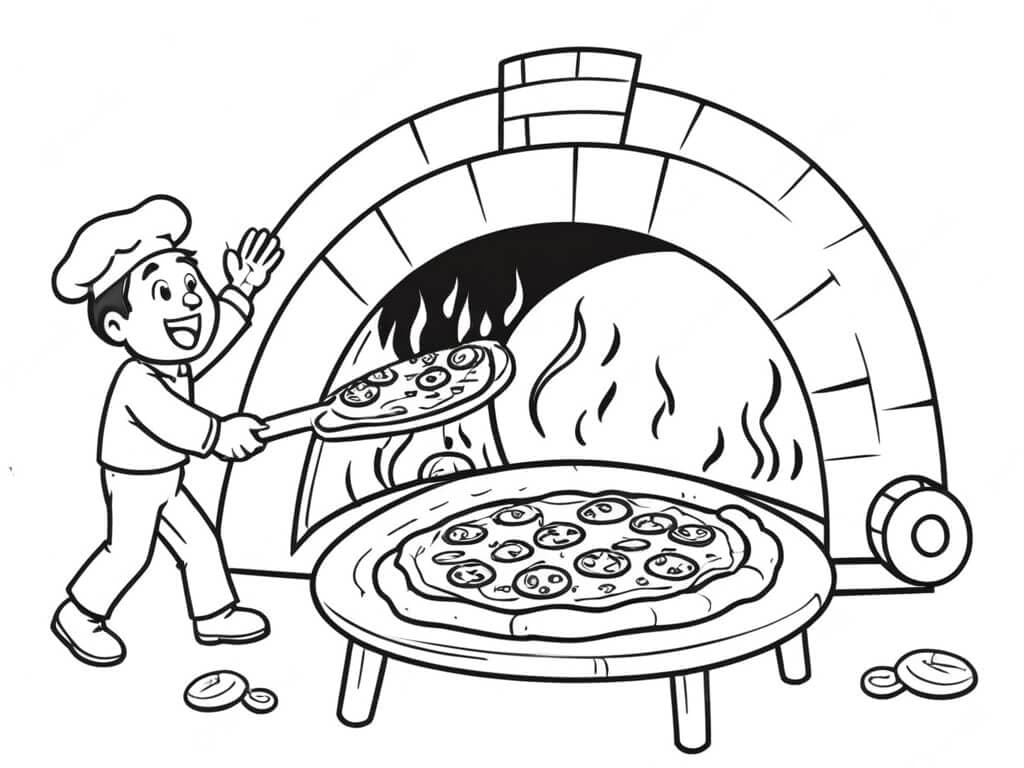 Pizza no forno a lenha para colorir