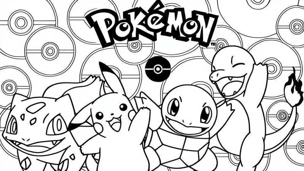 Bulbasaur, Charmander, Pikachu e Squirtle para colorir