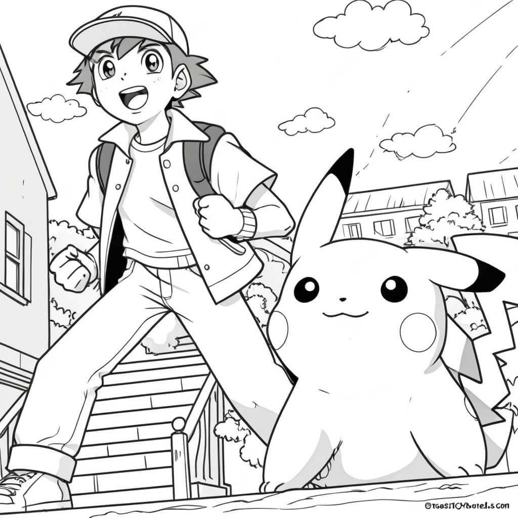 Pikachu e Ash na Cidade de Pallet para colorir