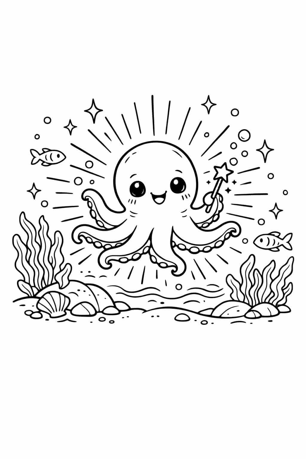 Polvo brilhando no oceano escuro para colorir