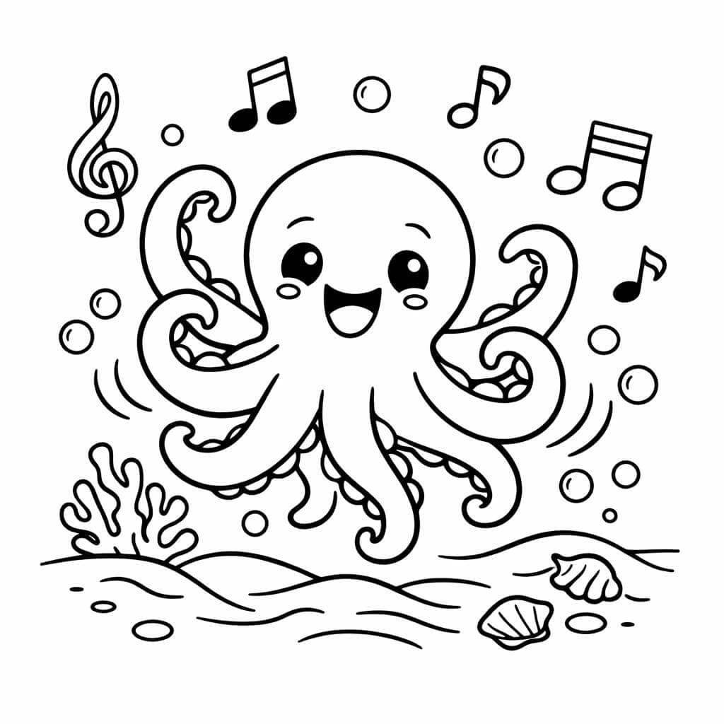 Polvo dançando com notas musicais para colorir