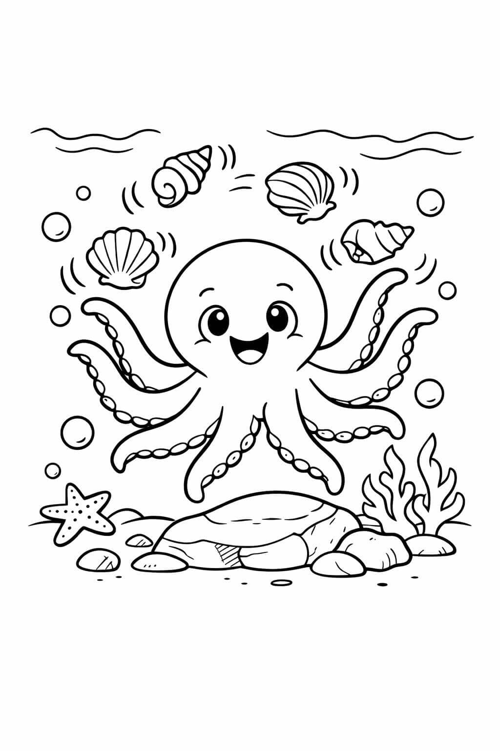 Polvo fazendo malabarismo com conchas para colorir
