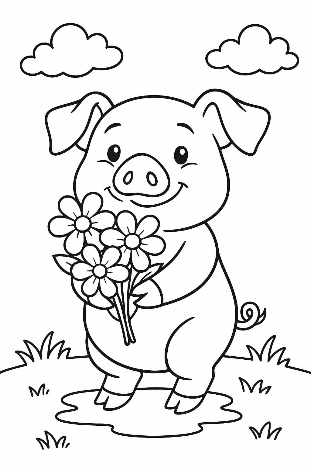 Porco com flores para colorir