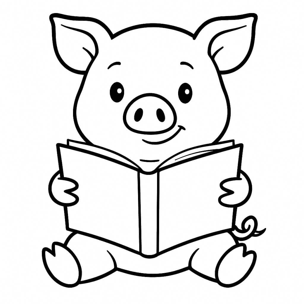 Porco lendo livro para colorir