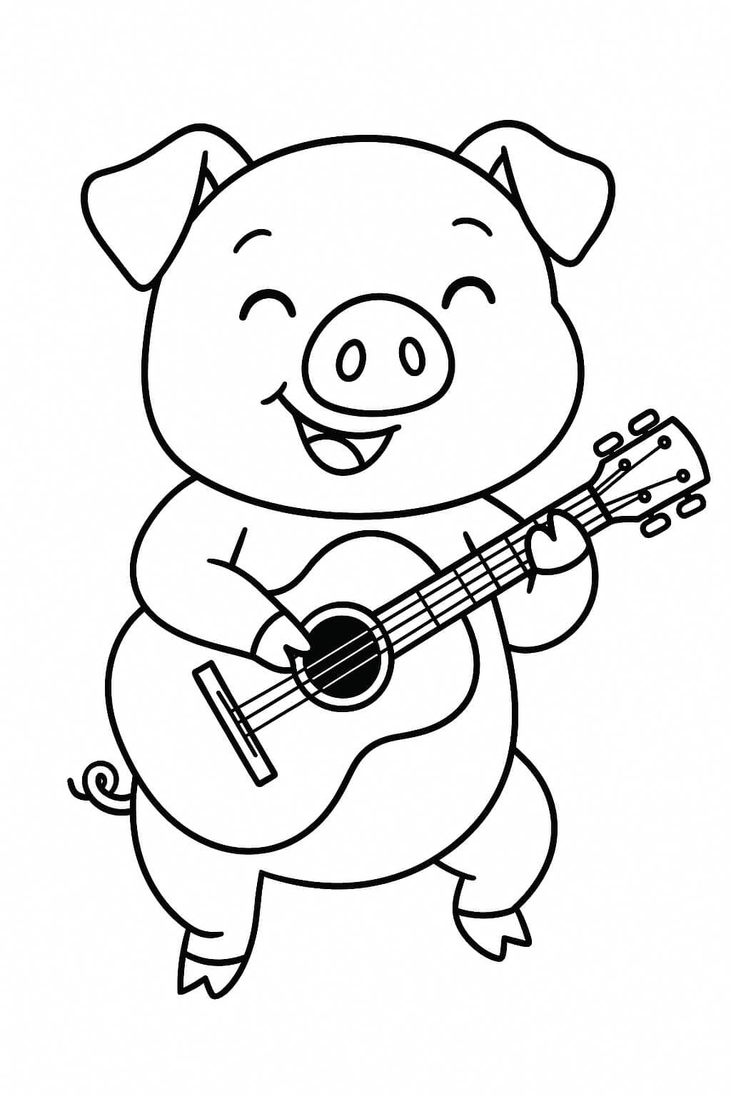 Porco tocando guitarra para colorir