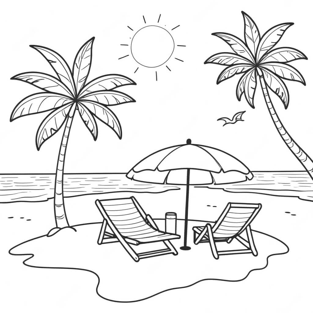 Guarda-sol na bela praia para colorir