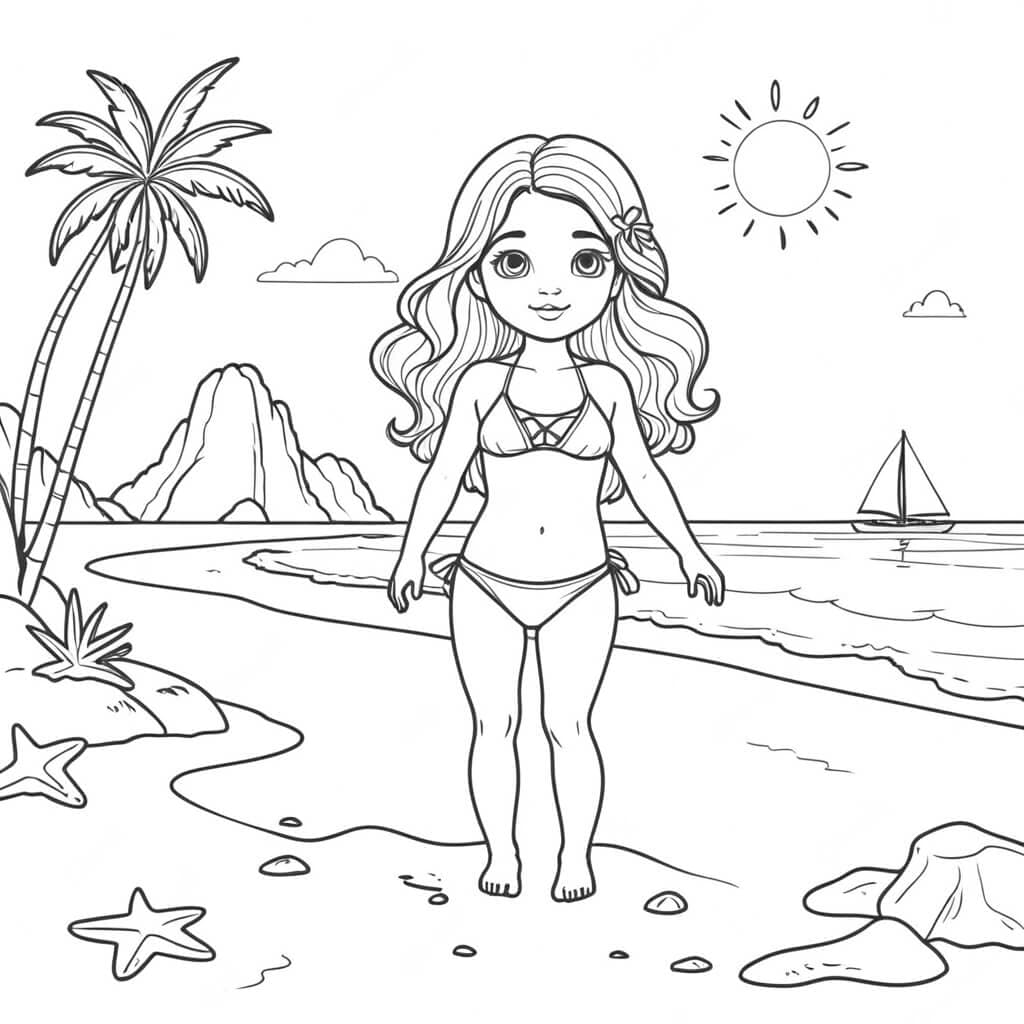 Menina na praia para colorir