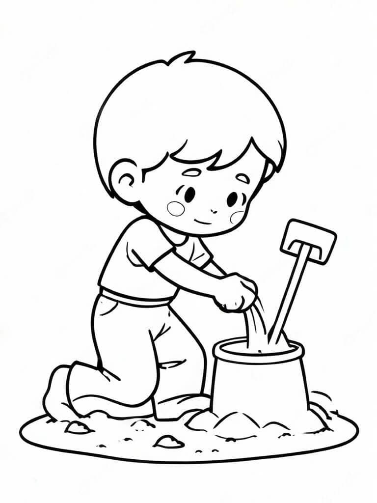 Menino com balde de areia para colorir