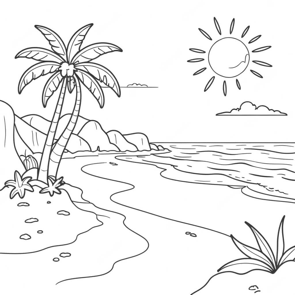 Praia ensolarada para colorir