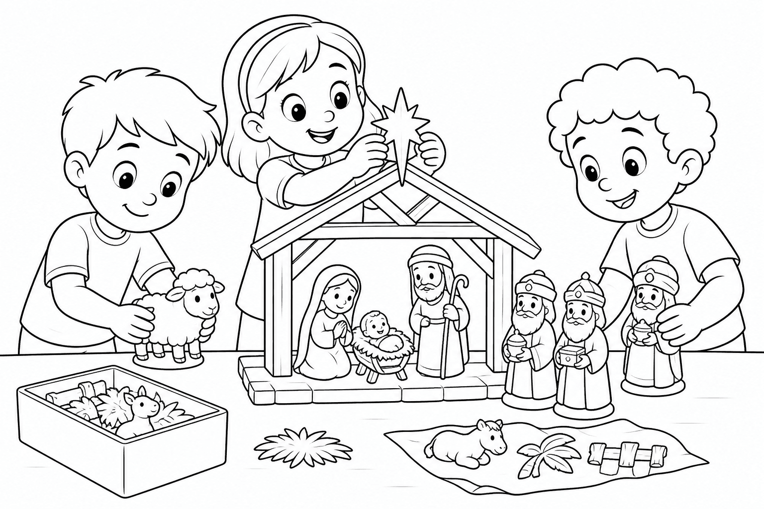Crianças montando um presépio para colorir