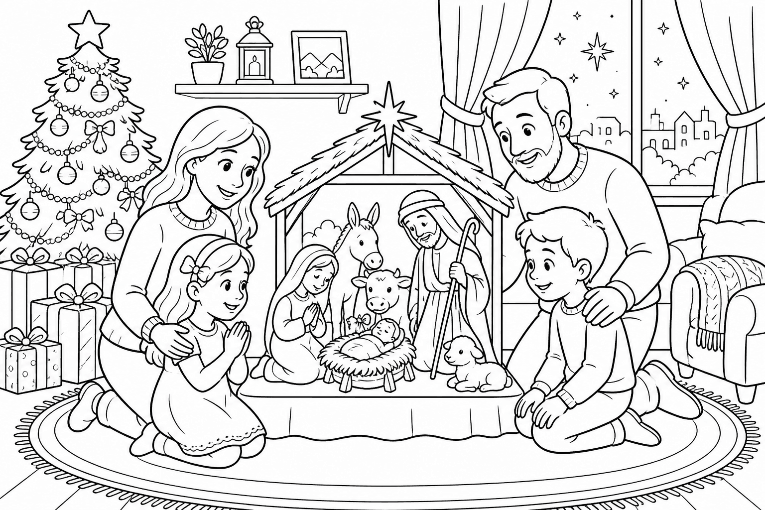 Família observando o presépio para colorir