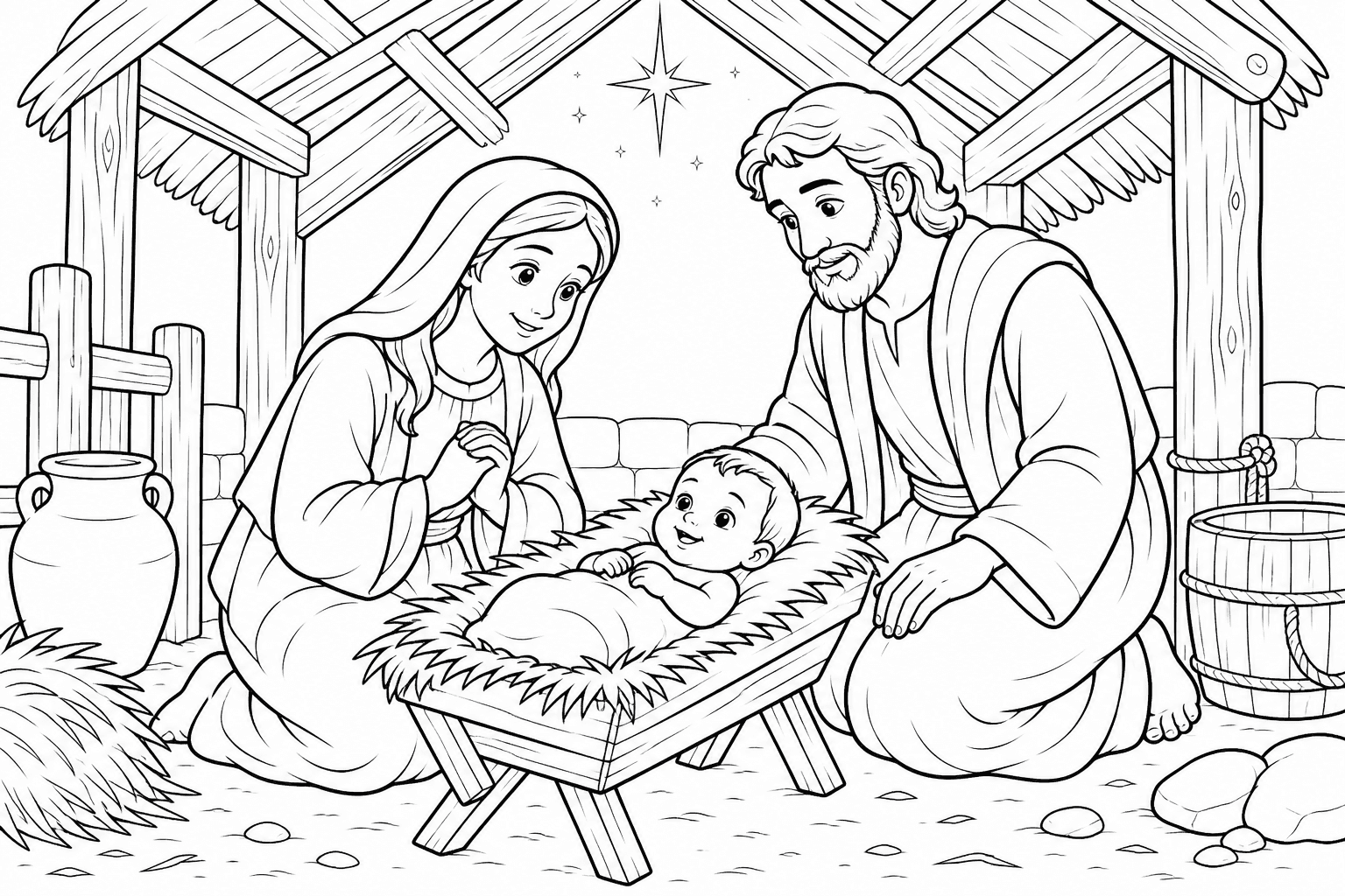 Maria, José e Menino Jesus no presépio para colorir