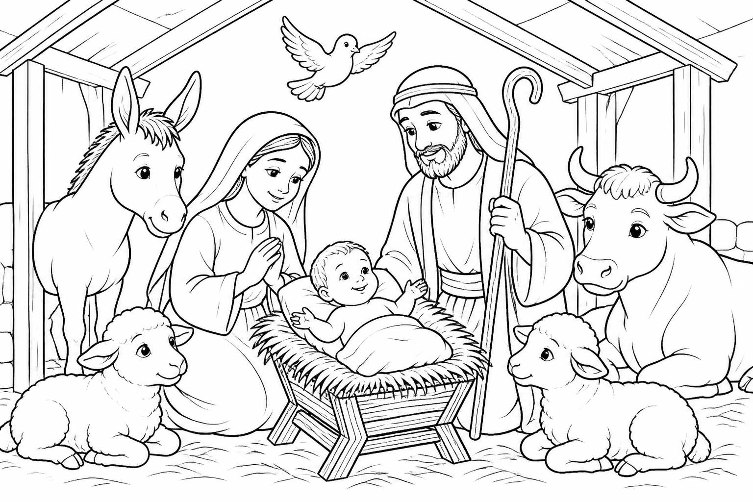 Presépio com animais do estábulo para colorir