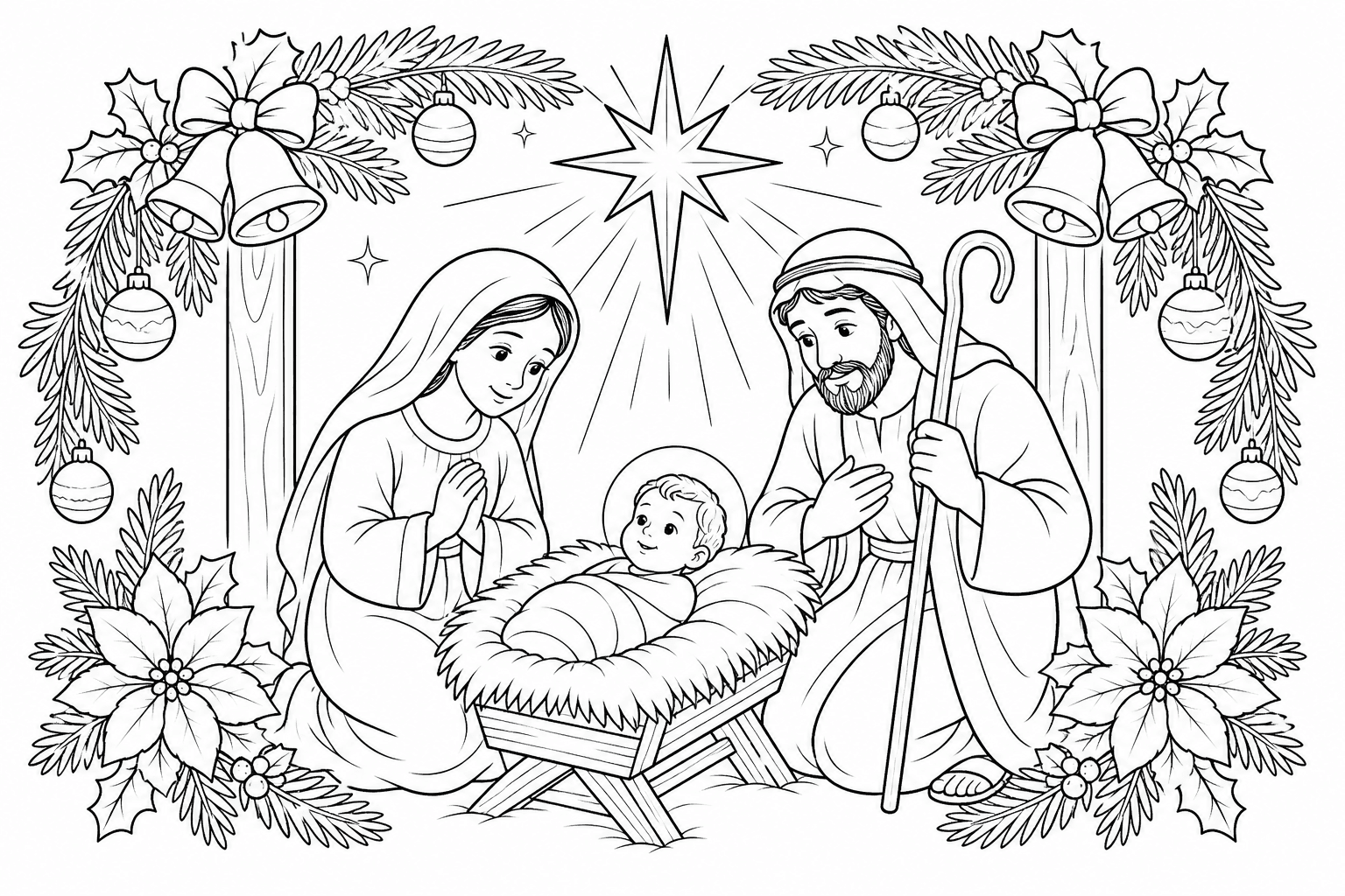Presépio decorado para o Natal para colorir