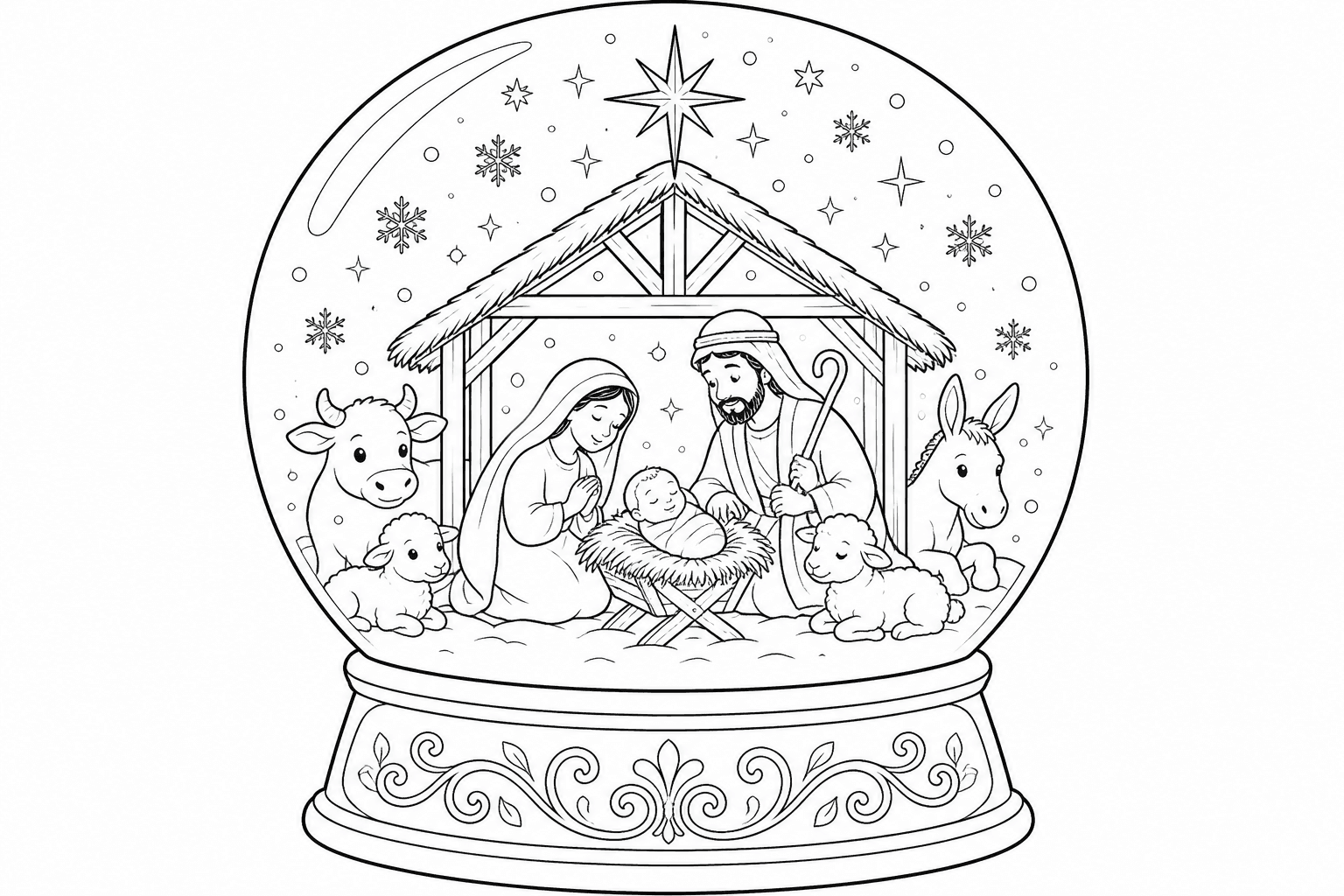 Presépio criativo em um globo de neve para colorir