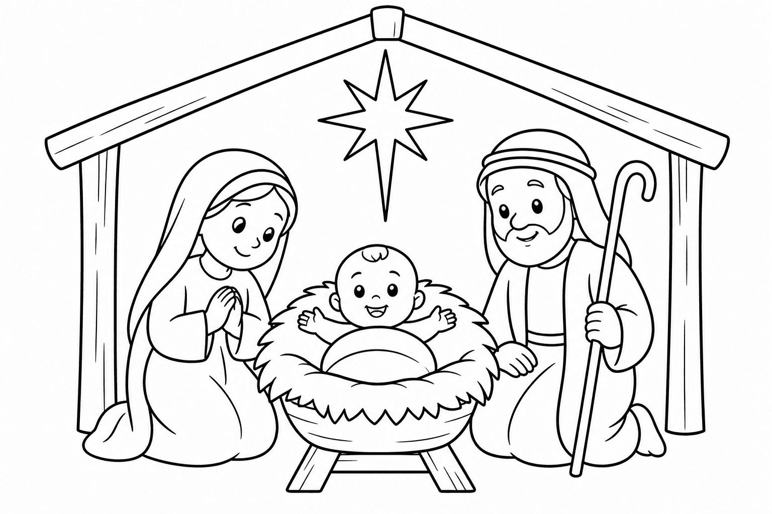 Presépio simples com Maria, José e Menino Jesus para colorir