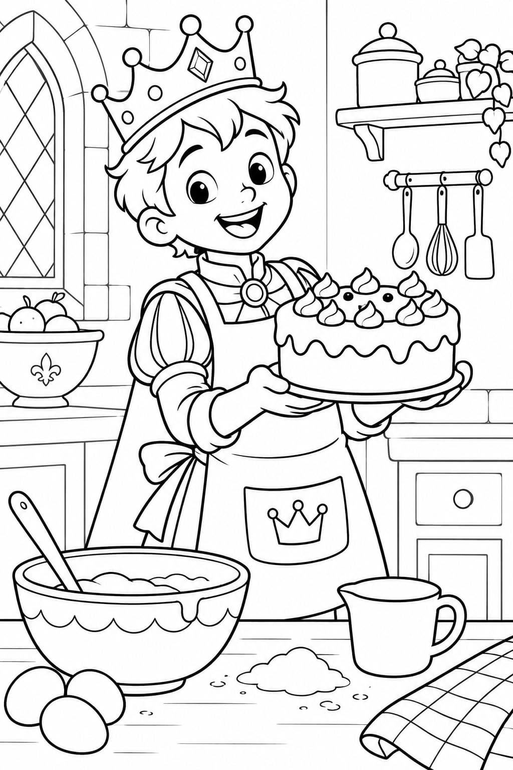 Príncipe assando bolo para colorir
